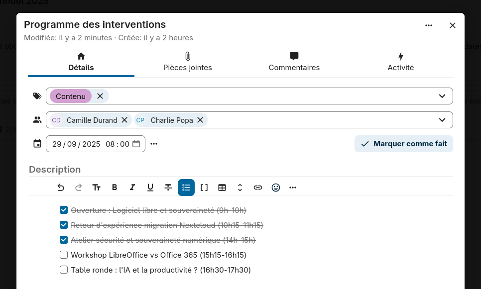 Nextcloud Deck : exemple de carte