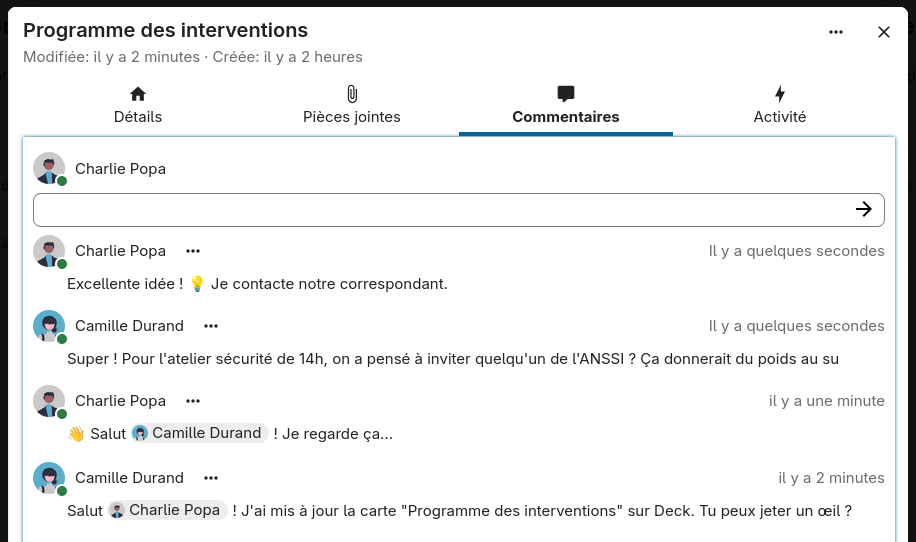 Nextcloud Deck : exemple de commentaires